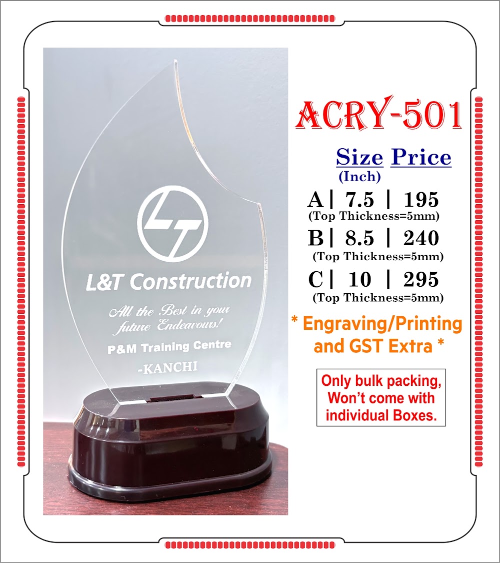 Acrylic Trophies Manufacturer Chennai